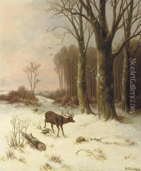 A Stag On The Edge Of A Forest Oil Painting - Hendrik Pieter Koekkoek