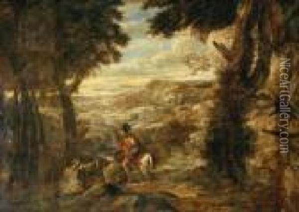 Paisaje Con La Escena De La Caridad De San Martin Oil Painting - Gaspard Dughet Poussin