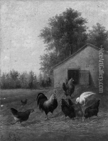 Poultry In A Barnyard Oil Painting - Howard L. Hill