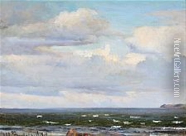 Coastal Scene With Clouded Sky Oil Painting - Johan Ulrik Bredsdorff
