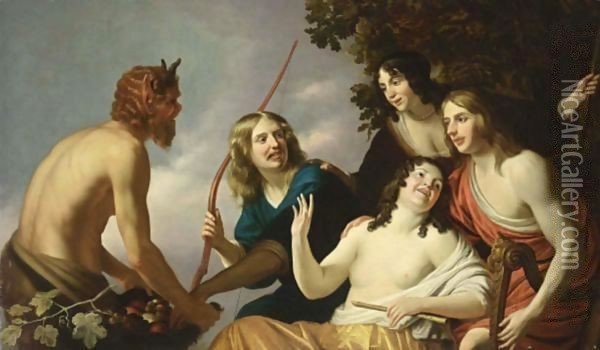 Pan Presenting Grapes To A Party Of Young Men And Women Oil Painting - Gerrit Van Honthorst