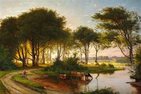 Danish Summer Landscape With Two Girls Watering The Cows In A Stream. In The Background Sunny Fields And Farms Oil Painting - Carl Frederik Peder Aagaard