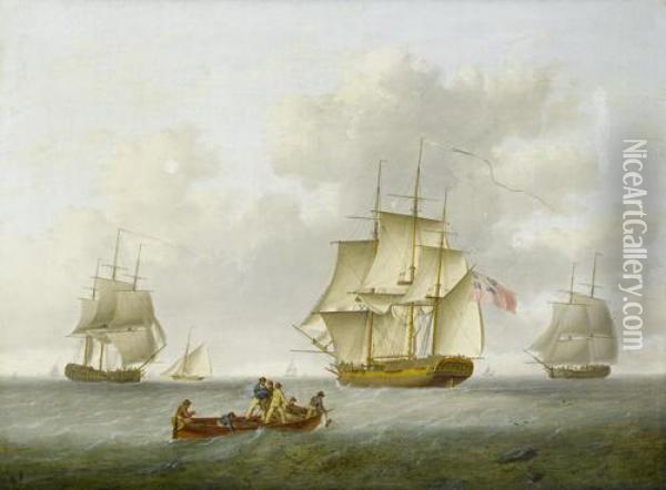 Merchant And Naval Frigates Closing Offshore Oil Painting - William Anderson