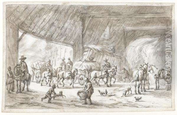 Interior Of A Barn, With Figures, Horses And Carts Oil Painting - Barend Gael or Gaal