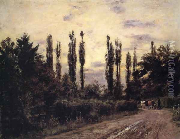 Evening, Poplars and Roadway near Schleissheim Oil Painting - Theodore Clement Steele