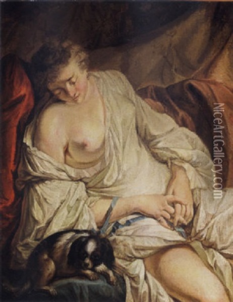 A Half-naked Lady Reclining Together With A Dog (la Fidele Surveillante) Oil Painting - Jean Baptiste Henri Deshays