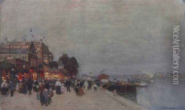 A Crowd In Front Of A Theatre On The Bank Of The Seine Oil Painting - Luigi Loir