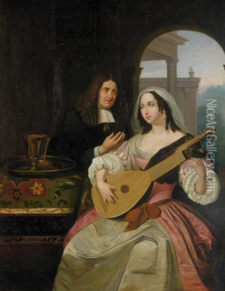 Suitor With Girl Playing The Lute Oil Painting - Godfried Schalcken