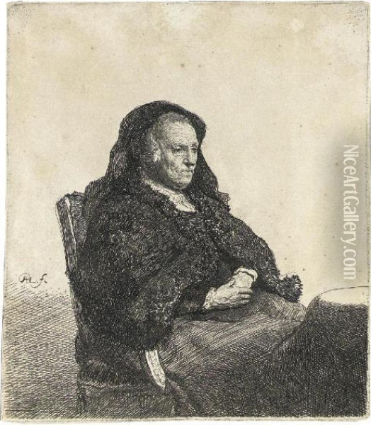 The Artist's Mother Seated At A Table, Looking Right (b., Holl. 343; H. 52) Oil Painting - Rembrandt Van Rijn