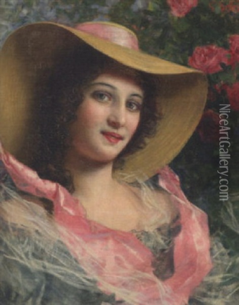 Study Of A Lady In A Pink-brimmed Hat Oil Painting - Gaetano Bellei