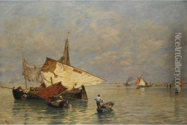 Venezianische Kustenansicht Mit Fischern Oil Painting - Ludwig Dill