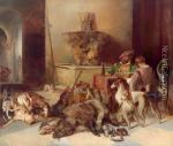 In Der Schloshalle - Links An Einem Tisch Zwei Jagdherren Oil Painting - Johann Matthias Ranftl