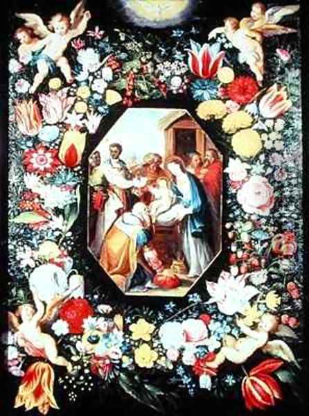 Adoration of the Magi framed in a garland of flowers Oil Painting - Andries Daniels or Danielsz