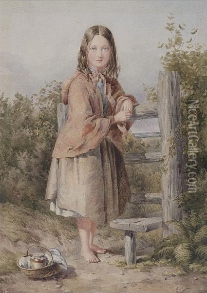 Full Length Portrait Of A Young Girl, Watercolour Oil Painting - Paul Falconer Poole