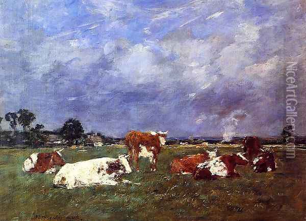 Cows in the Pasture Oil Painting - Eugene Boudin