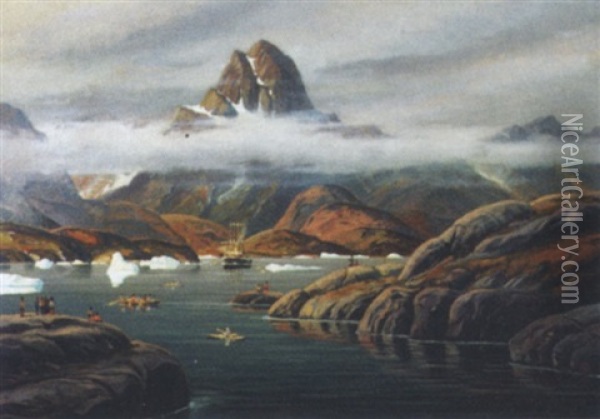 Diset Gronlandsk Fjordparti Med Skib, Bade Og Figurer Oil Painting - Emanuel A. Petersen