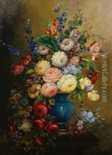 Still Life Of Mixed Flowers In A Bluevase Oil Painting - Betts Virginia Battaile