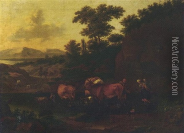 Peasants With Cattle And Sheep Fording Across A Stream Oil Painting - Abraham Jansz. Begeyn