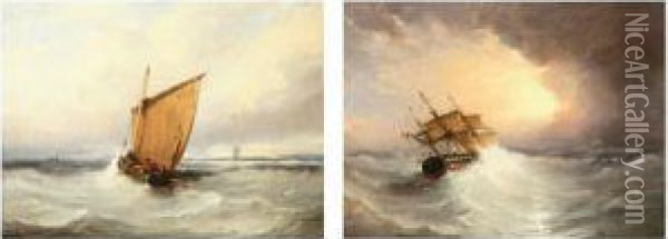 Threemaster In Stormy Sea. Oil Painting - Auguste Delacroix