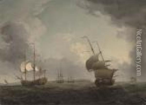 Men-o'war Off The Isle Of Wight Oil Painting - Charles Brooking