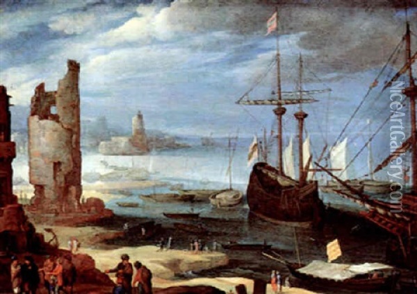 A Southern Port With Boats And Many Figures Oil Painting - Paul Bril