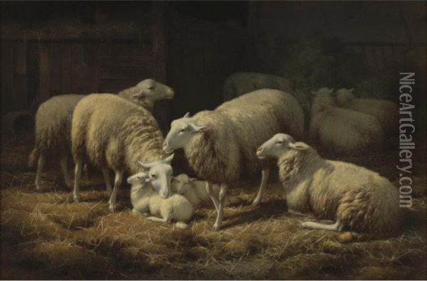 Sheep In The Stable Oil Painting - Eugene Remy Maes