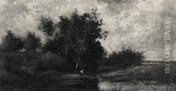 Herbstlandschaft Mit Einsamen Angler Oil Painting - Jean-Baptiste-Arthur Calame
