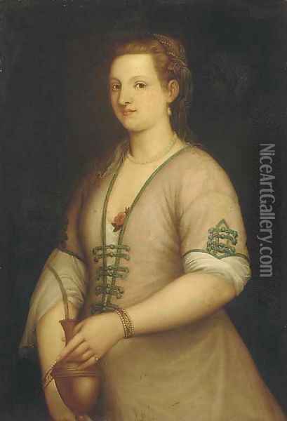 Portrait of a lady, three-quarter-length, holding an urn Oil Painting - Tiziano Vecellio (Titian)