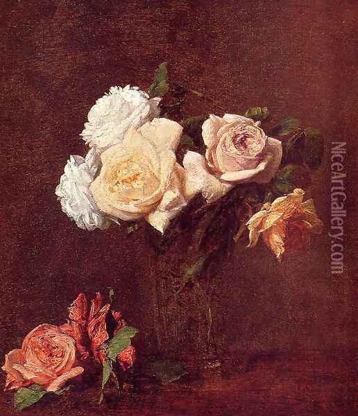 Roses in a Vase Oil Painting - Ignace Henri Jean Fantin-Latour