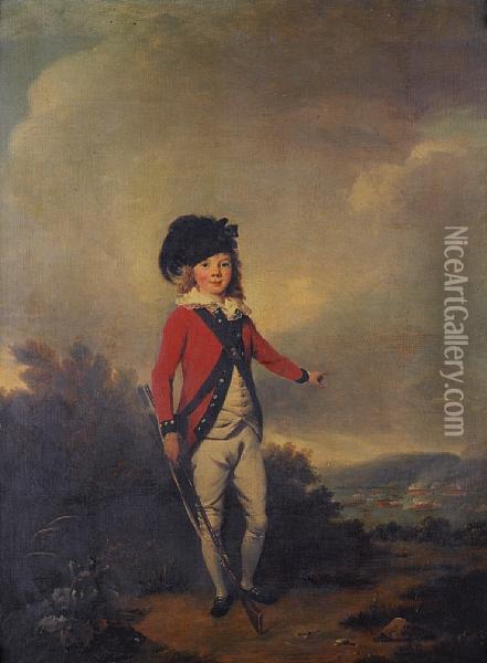 Portrait Of John Windham Dalling
 As A Youngboy, Full-length, Dressed In The Uniform Of A Militiaman, 
Holding Arifle, Standing In A Landscape And Pointing To A Military 
Exercisebetween Redcoats In The Distance Oil Painting - Philip Reinagle