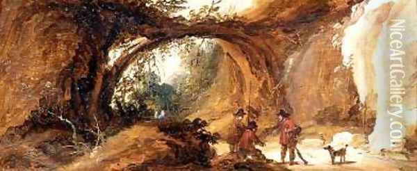 A rocky landscape with sportsmen on a path Oil Painting - (follower of) Momper, Joos de