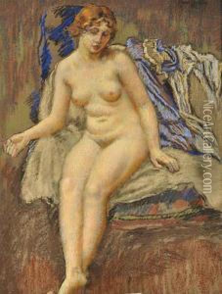 A Sitting Female Nude Oil Painting - Karel Spillar