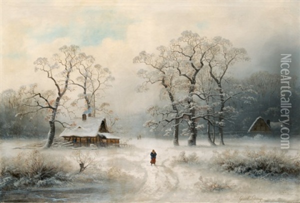 Farmyards In A Winterly Forest Oil Painting - Johann Gustav Lange