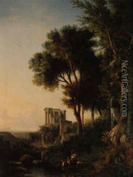 Lavandieres A La Riviera Di Chiagi Pres Des Ruines Du Temple De Vesta Oil Painting - Consalvo Carelli