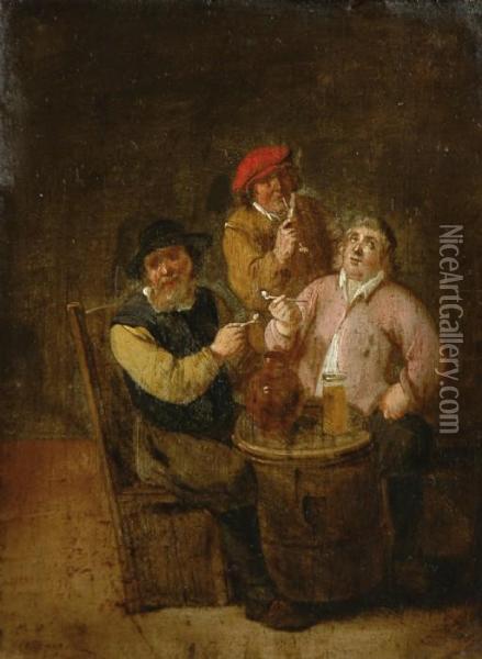 Interior Med Rokande Och Drickande Man Samt Kurtiserande Oil Painting - Matheus van Helmont