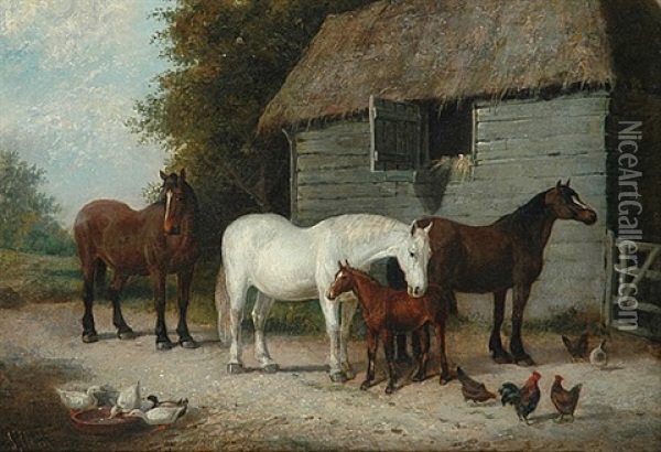 Farmyard With Horses And Ducks Oil Painting - Samuel Joseph Clark