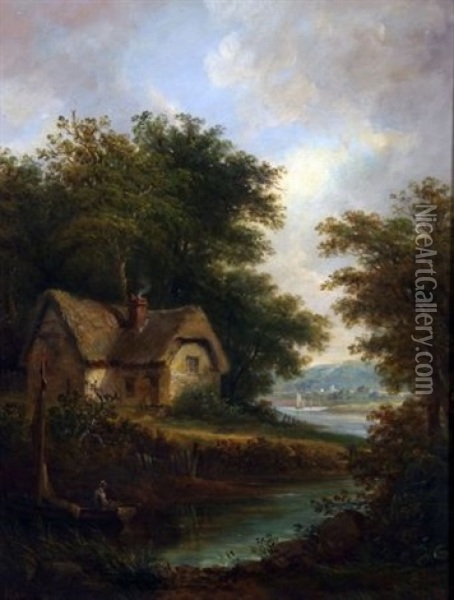 River Landscape With Figures In Boat By A Cottage Oil Painting - John Moore Of Ipswich