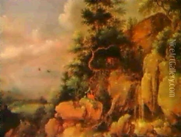 Gebirgslandschaft Mit Einem Wasserfall Und Dem Propheten    Elias Mit Den Raben Oil Painting - Gillis Claesz De Hondecoeter