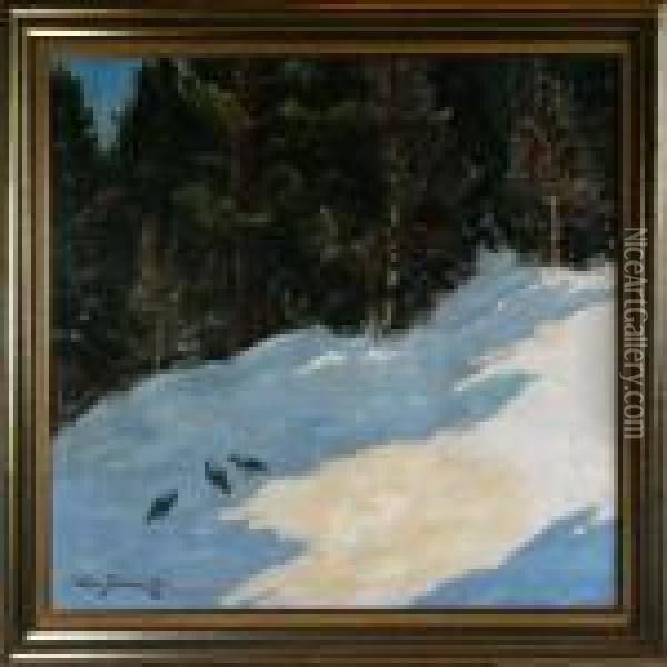 A Winter Landscape Scenery With Birds Oil Painting - William Gislander