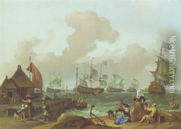 Coastal Scene Wih Dutch Fleet Under Way, Peasants By A Jetty In The Foreground Oil Painting - Ludolf Backhuysen the Elder