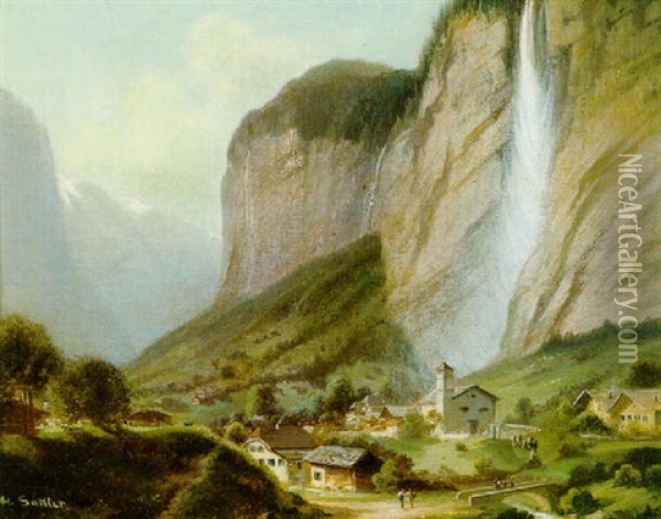 Motiv Aus Der Schweiz Der Staubbachfall Oil Painting - Hubert Sattler