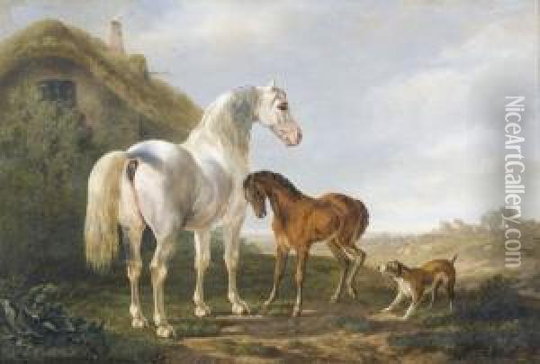 Schimmel Mit Fohlen Und Hund Vor Einem Gehoft. Oil Painting - Charles Humbert