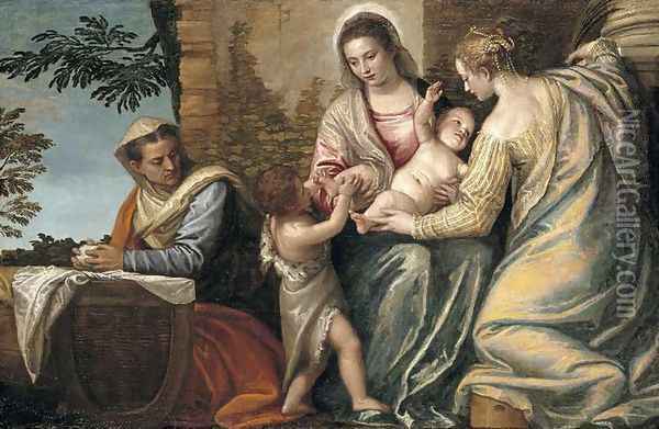 Madonna and Child with St. Elizabeth, the Infant St. John the Baptist and St. Justina, 1565-70 Oil Painting - Paolo Veronese (Caliari)