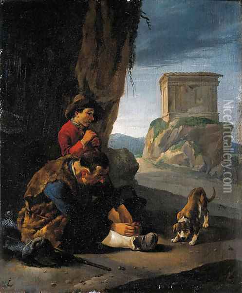 Vagabonds resting by a cliff on a pass Oil Painting - Johannes Lingelbach