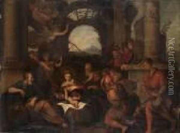 The Adoration Of The Shepherds Oil Painting - Rancesco De' Rossi (see Salviati, Cecchino Del)