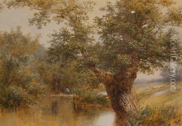 Fisherman On The Banks Of A Rural River Oil Painting - Albert Lane