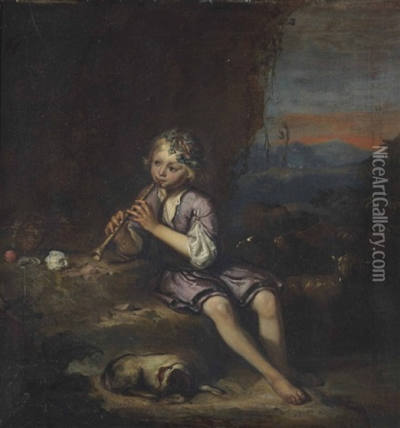 A Rocky Landscape With A Young Shepherd Playing A Flute Oil Painting - Simon van der Does