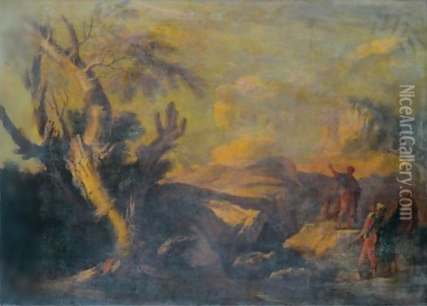 A River Landscape With Fishermen In The Foreground Oil Painting - Salvator Rosa