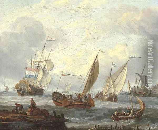 Wijdschepen setting out from a harbour by a windmill with fishermen on a jetty nearby, a man-o'-war and other shipping in the distance Oil Painting - Abraham Storck