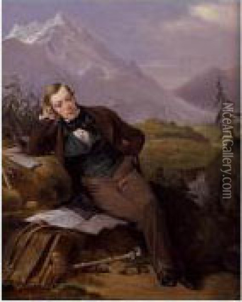 Portrait Of A Young Man Resting In A Mountainous Landscape Oil Painting - Frederic Henri Schopin